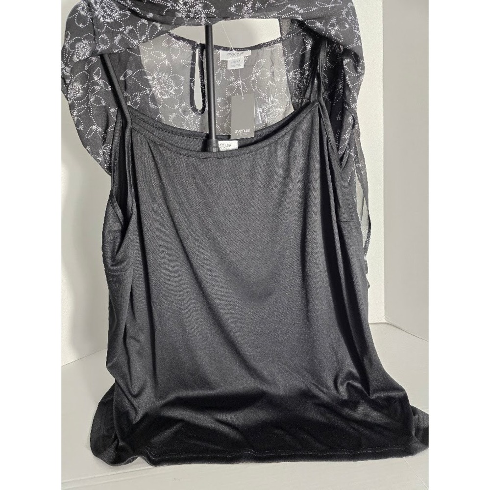 Avenue Black Floral Print Flutter Top Sheer Overlay Tank Top Plus Size 30/32 NWT